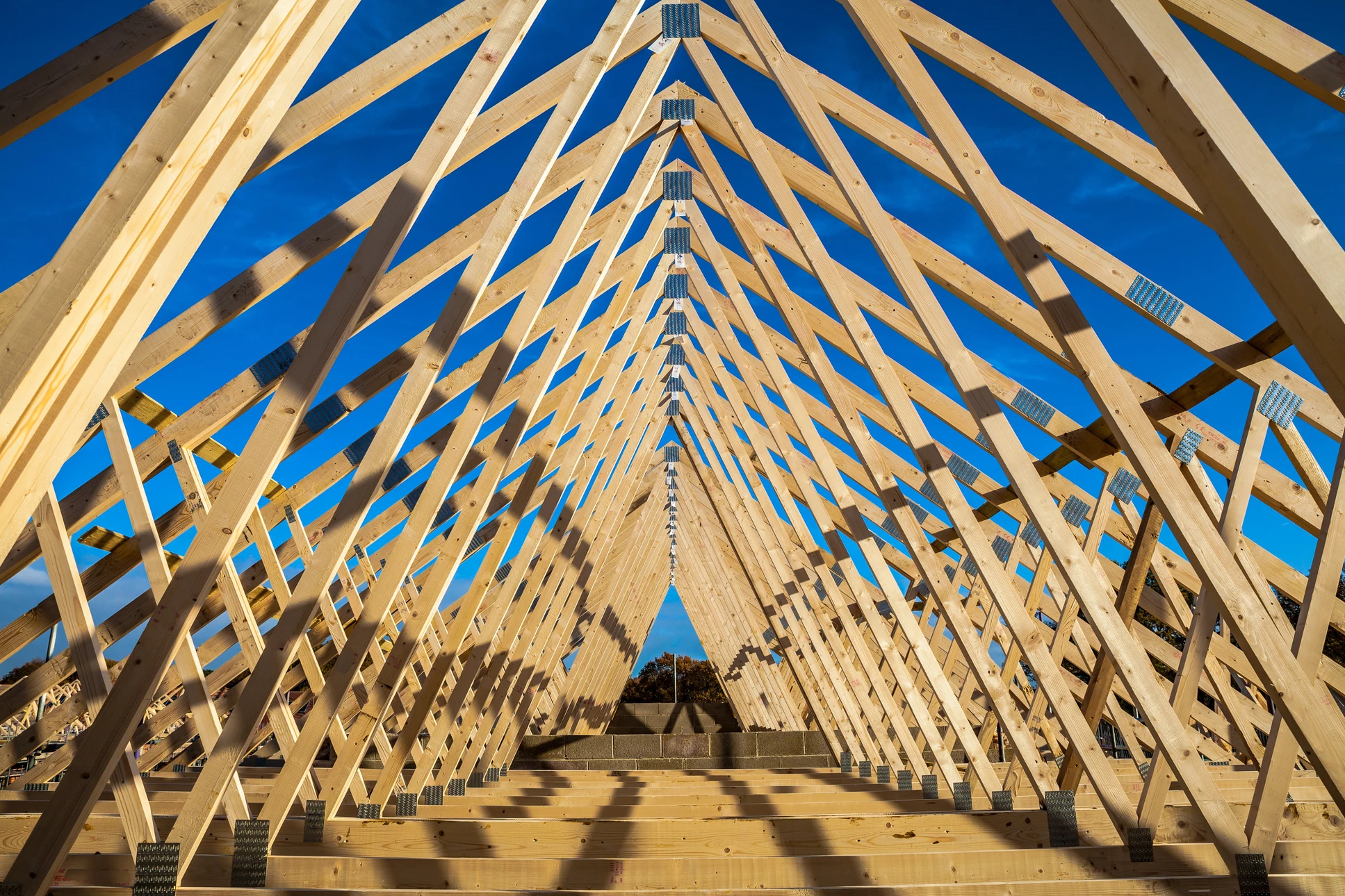 Chantier de construction résidentielle en cours, charpente bois traditionnelle avec fermes triangulaires apparentes sous ciel bleu