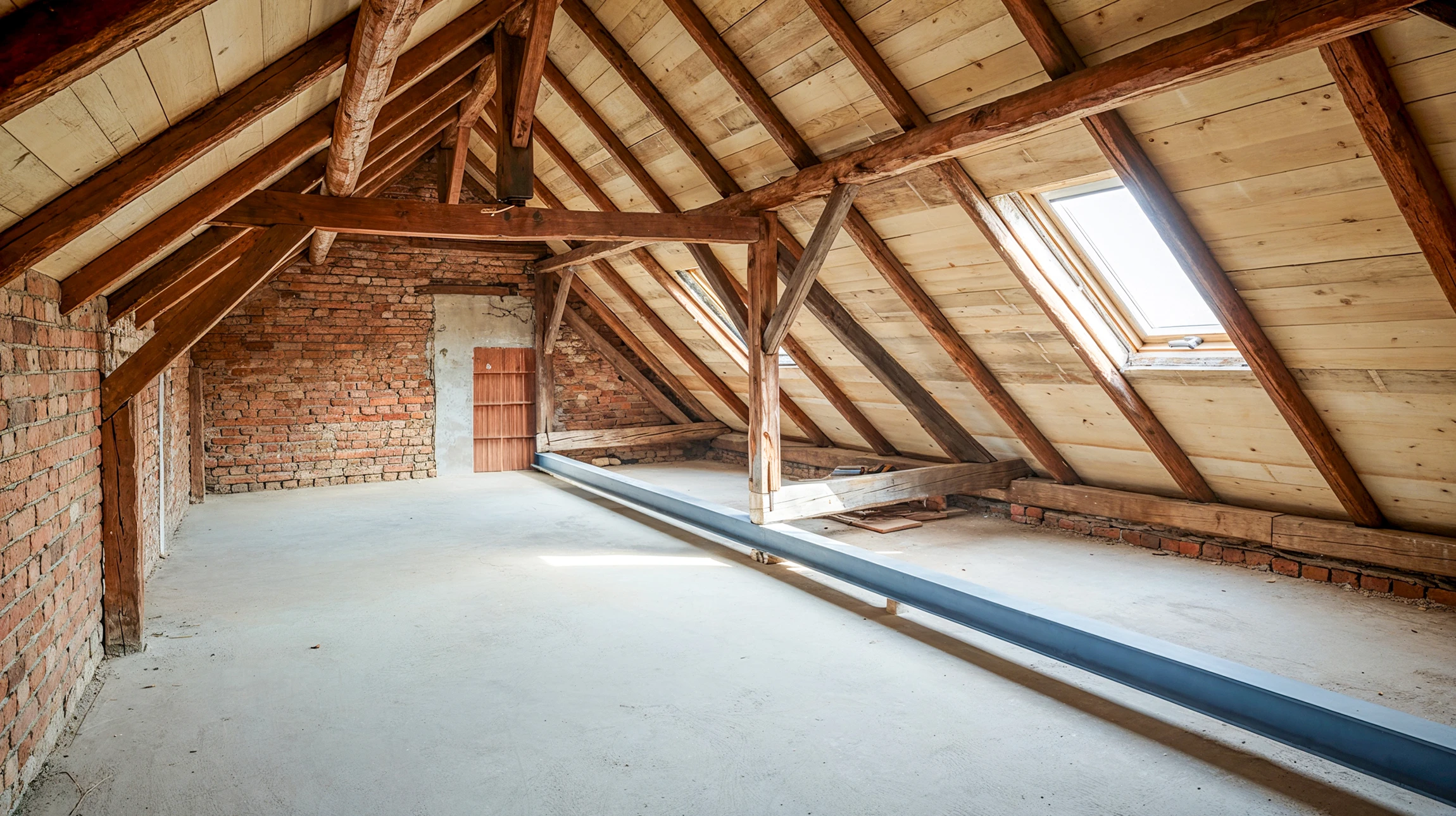 Combles aménageables en cours de rénovation avec charpente bois apparente et isolation sous-toiture